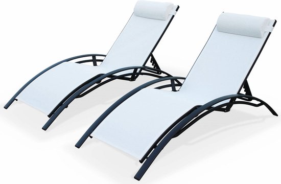 Set van 2 Louisa ligstoelen van aluminium en textileen, kleur antraciet/wit
